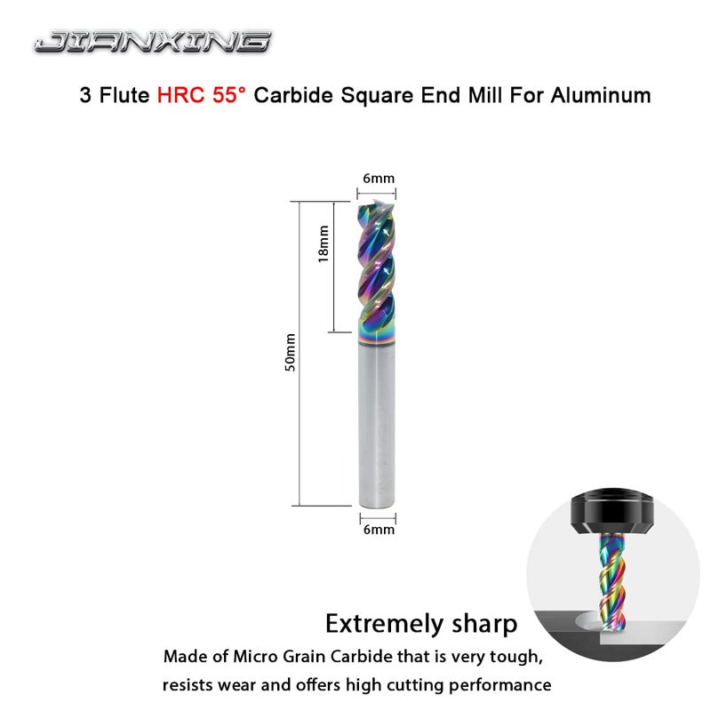 JIANXING 6mm Carbide Square End Mill for Aluminum & Copper Applications, 3-Flute, HRC 55 Deg, DLC Coating, End Mill Bits, High Feed U-Type Design, for Roughing and Finishing (3 Pieces) - Image 2